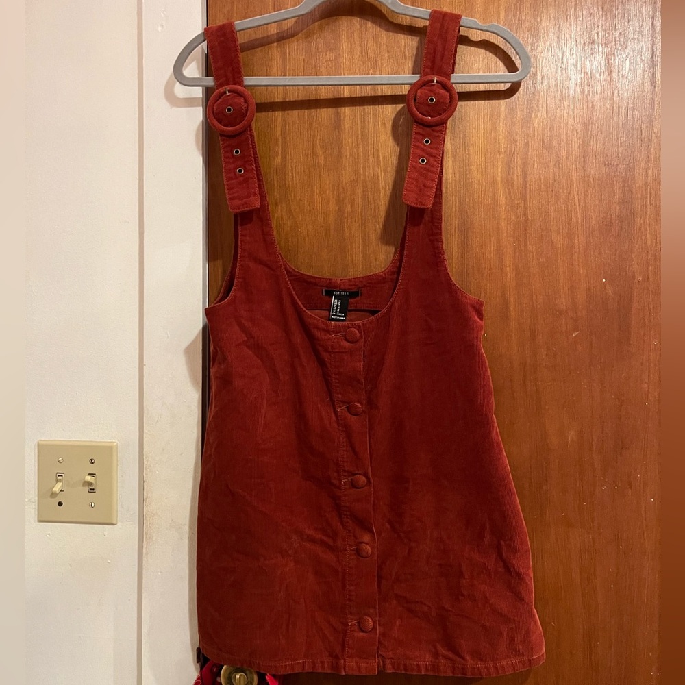 Burnt orange corduroy overall mini dress